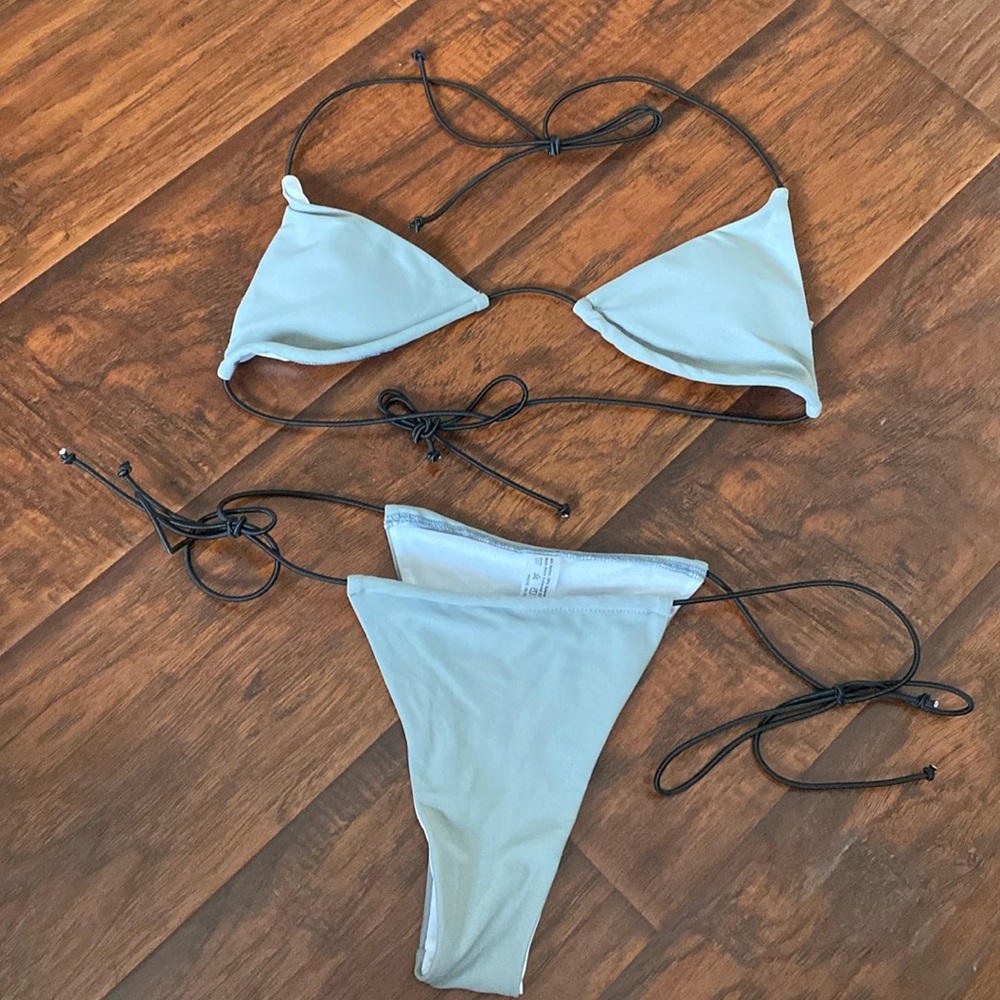 Worn, Gray With Black Cording Strings Bikini Top And Bottoms